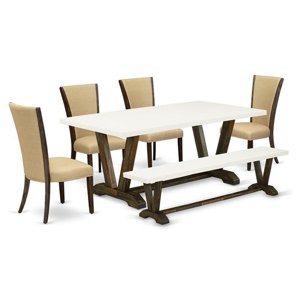 East West Furniture V-Style 6 Piece Dining Room Set Contains a Rectangle Kitchen Table with V-Legs and 4 Brown Linen Fabric Parson Chairs with a Bench, 40x72 Inch, Multi-Color